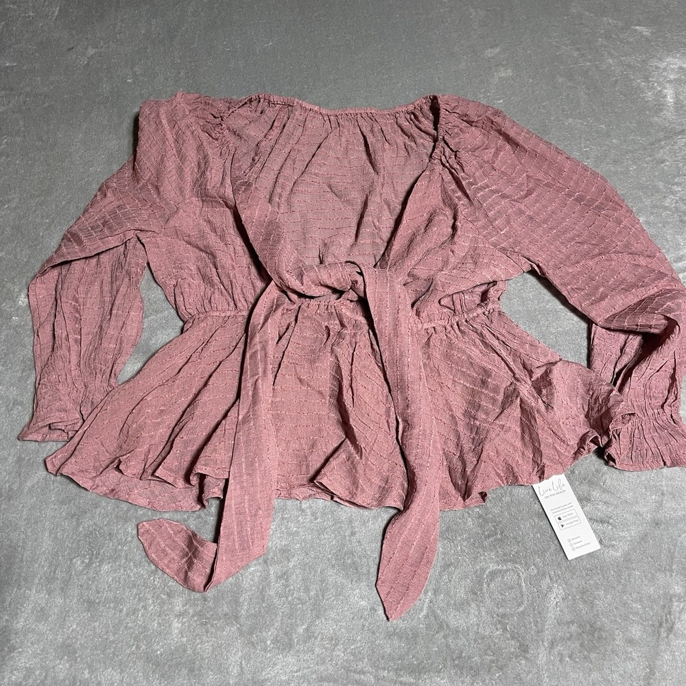 Cupshe Top Womens Small Pink Long Sleeve Sheer Peplum Tie Blouse Beach